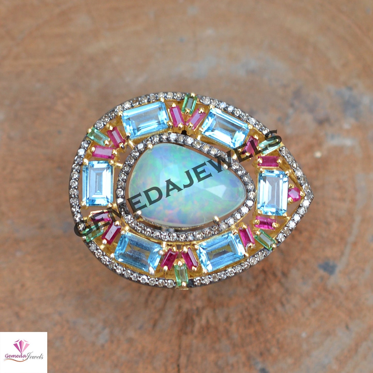 Charming Opal Gemstone Ring, Baguette Gemstone Ring, Pave Diamond Jewelry, Sterling Silver Ring, 14k Gold Vermeil Jewelry, Wedding Jewellery