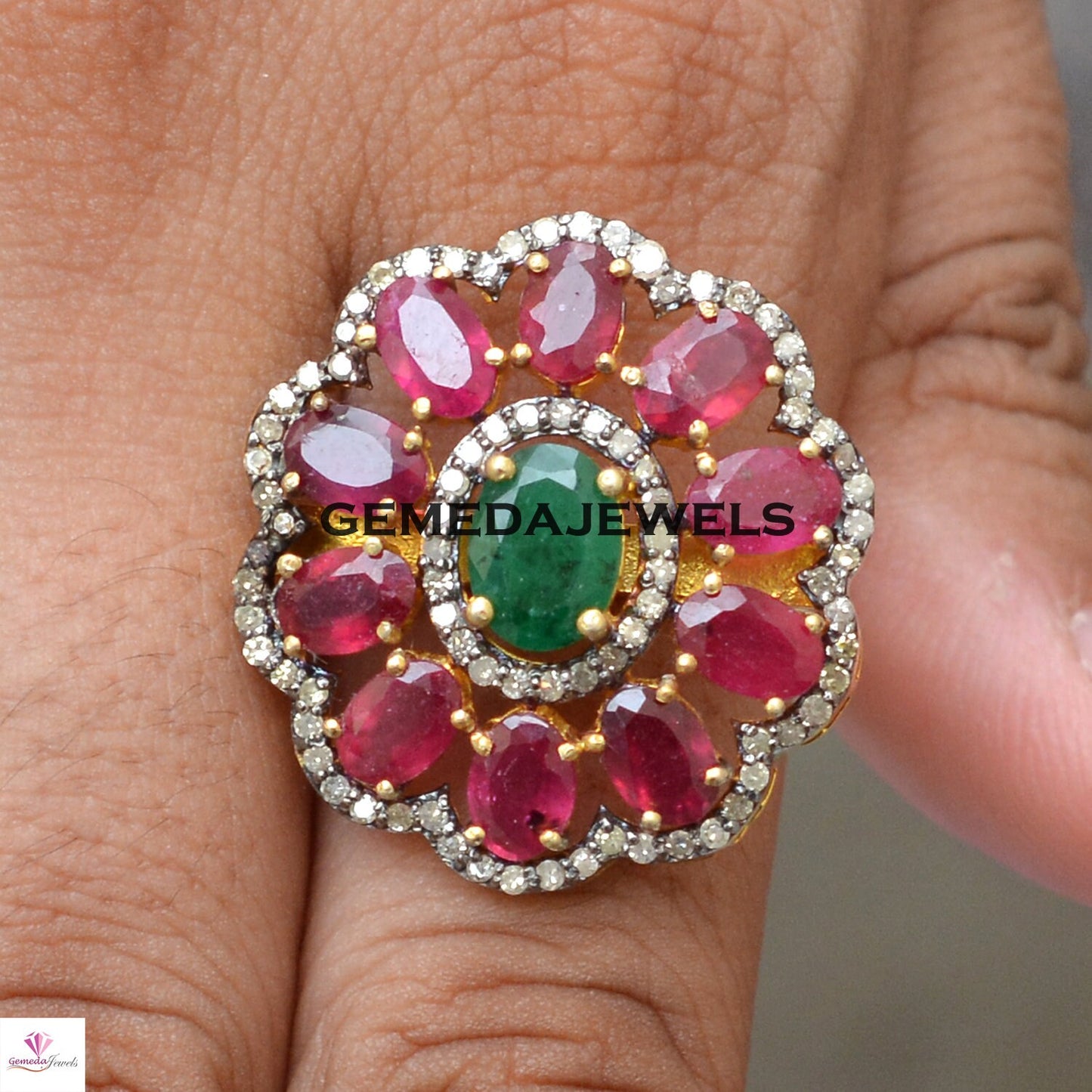 Emerald Gemstone Ring, Ruby Gemstone Ring, Pave Diamond Ring, Diamond Silver Jewelry, 925 Silver Gold Vermeil Jewelry, Flower Ring, Gifts