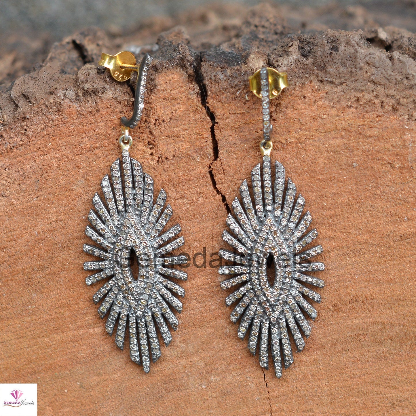 2.95cts Pave Diamond Earring, Sterling Silver Jewelry, 14k Gold Earrings, Diamond Starburst Earrings, Pave Diamond Jewelry, Christmas Gift