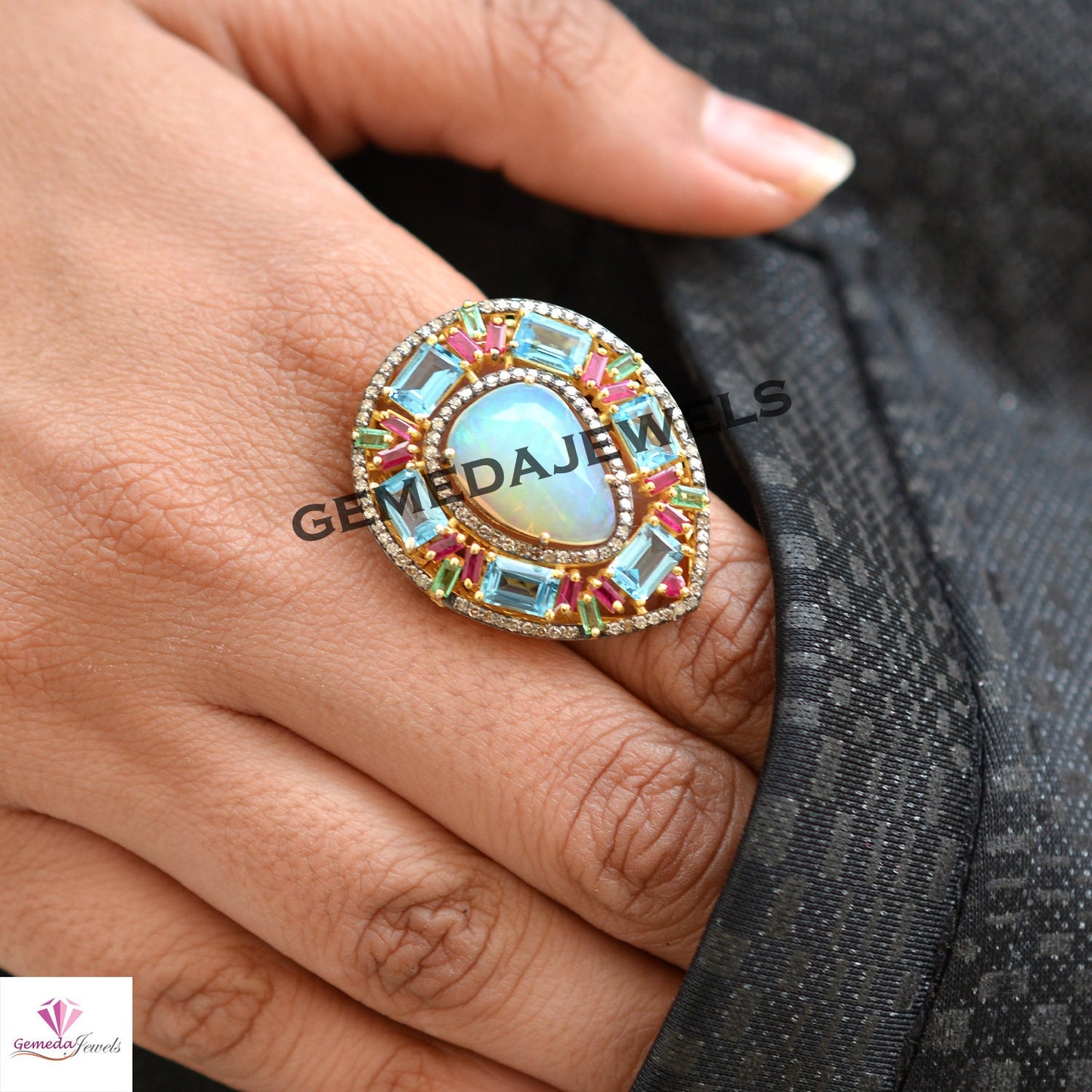 Charming Opal Gemstone Ring, Baguette Gemstone Ring, Pave Diamond Jewelry, Sterling Silver Ring, 14k Gold Vermeil Jewelry, Wedding Jewellery