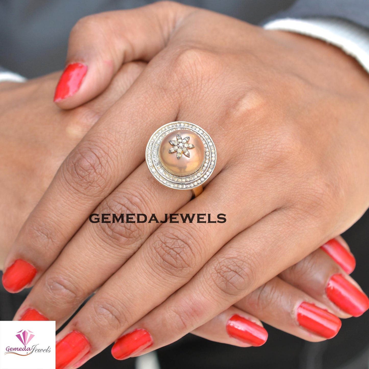 Sale Charming Pearl Gemstone Ring, 14k Gold Vermeil Jewelry, 925 Silver Ring, Pave Diamond Star Ring Jewelry, Handmade Jewelry, Gift For Her