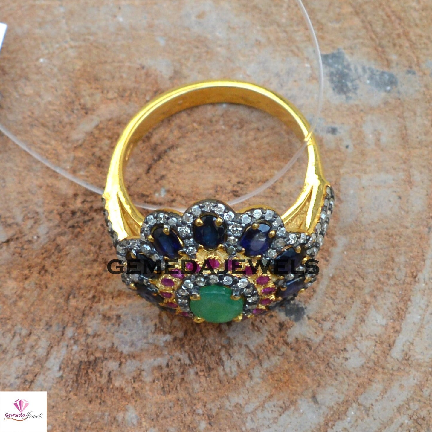 Emerald Gemstone Ring, Sapphire Floral Ring, Ruby Gemstone Ring, Pave Diamond Jewelry, Gemstone Diamond Ring, 925 Silver Gold Filled Jewelry