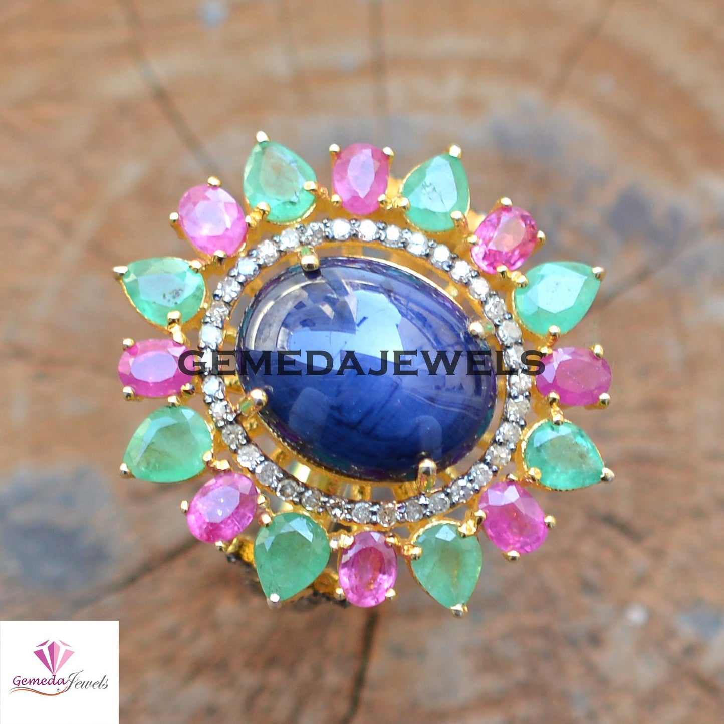 Sale Tanzanite Flower Ring, Ruby Gemstone Ring, Emerald Gemstone Ring, 14k Gold Vermeil Jewelry, 925 Silver Ring, Pave Diamond Jewelry, Gift