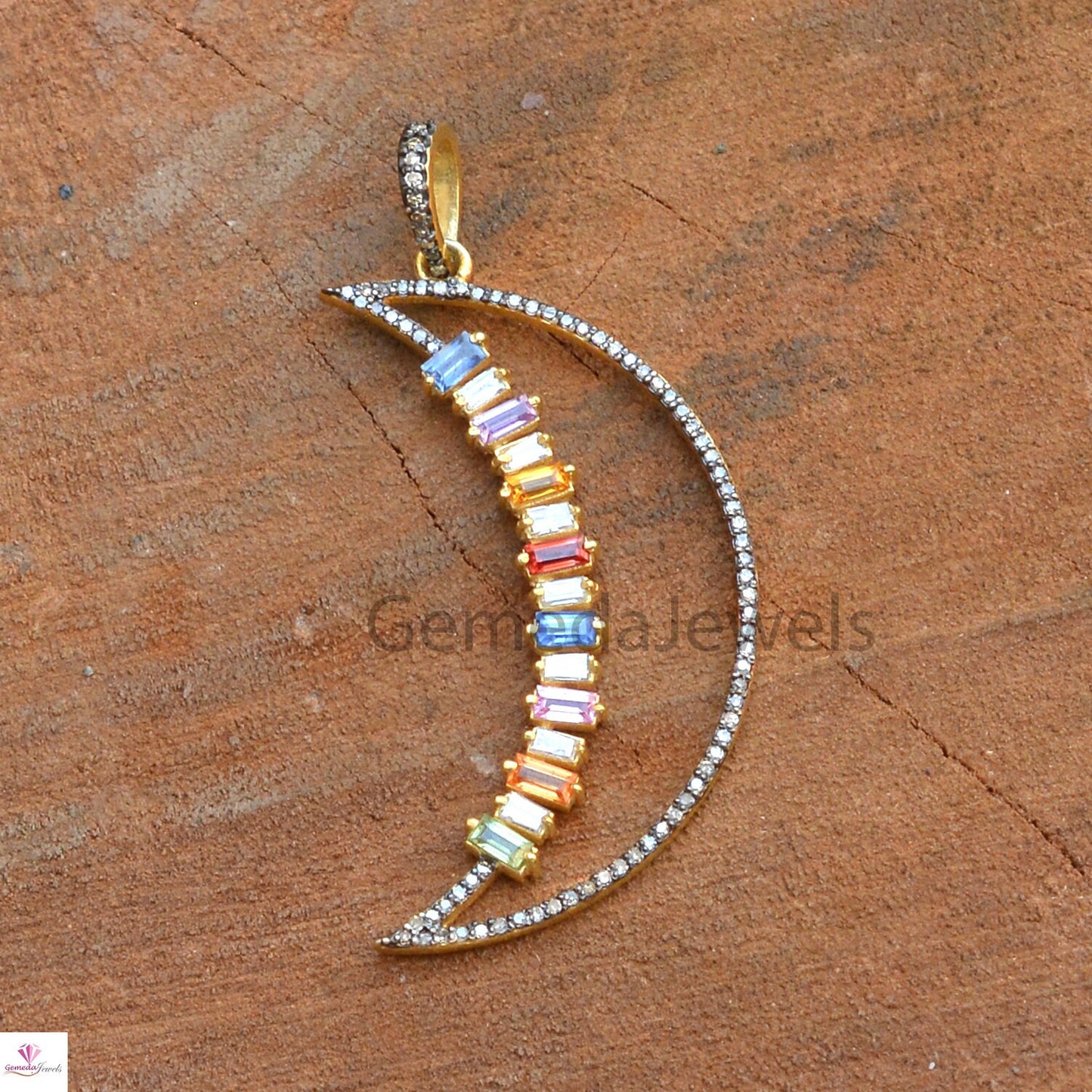 Real Multi Sapphire Pendant, Crescent Moon Pendant, 925 Silver Jewelry, Gold Vermeil Jewelry, Pave Diamond Pendant 16" Link Chain Necklace