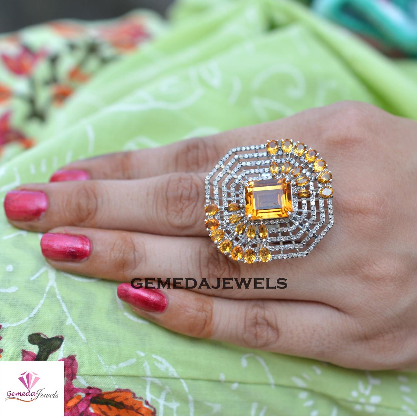 Sale! Citrine Gemstone Ring, Pave Diamond Ring, 925 Sterling Silver Jewelry, Gemstone Diamond Jewelry, Women Gift Jewelry, Wedding Jewelry