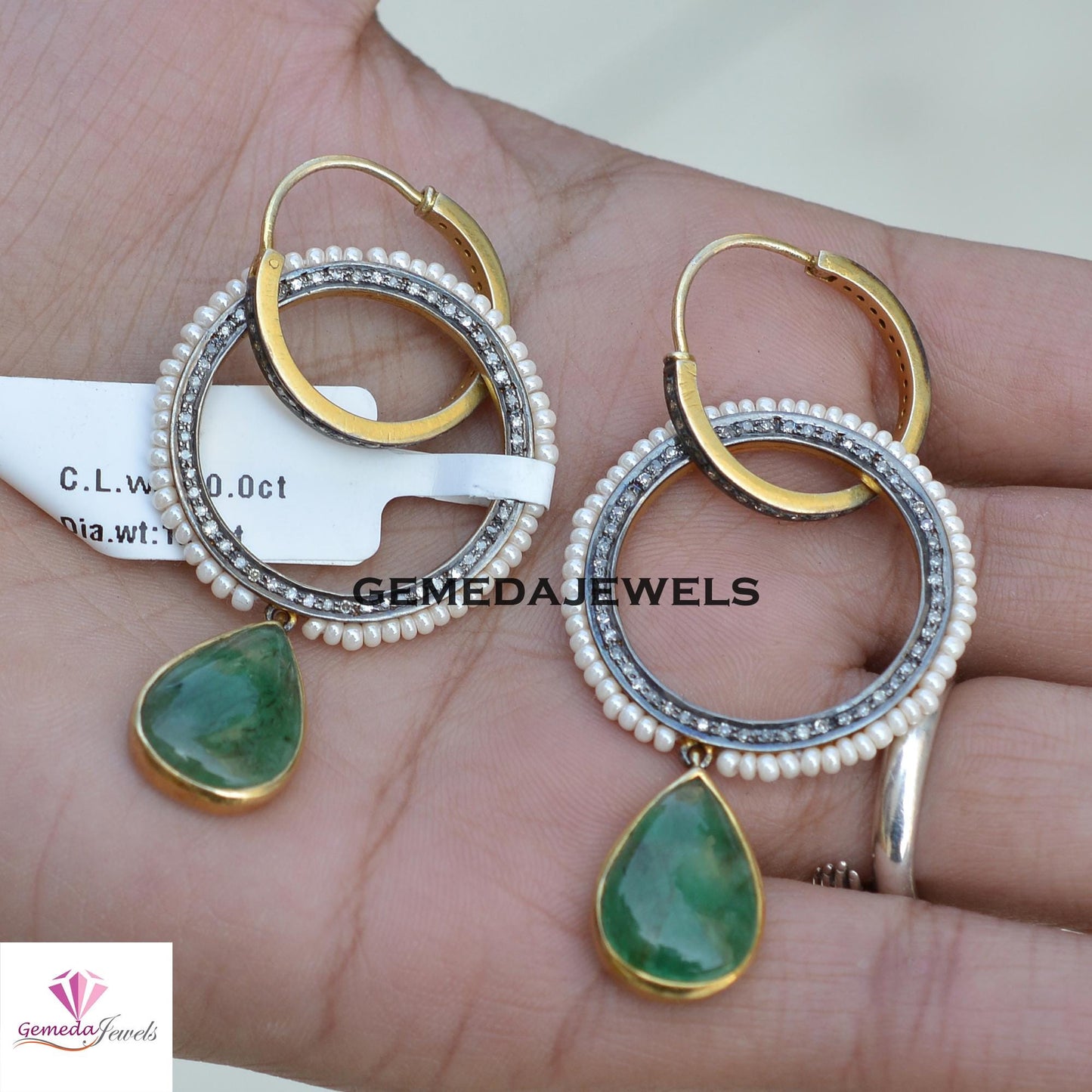 Sale! Classic Emerald Gemstone Earrings, TWO IN-ONE Earrings, Pearl Gemstone Jewelry, Pave Diamond Earrings, Designer Earrings, Gift For Her