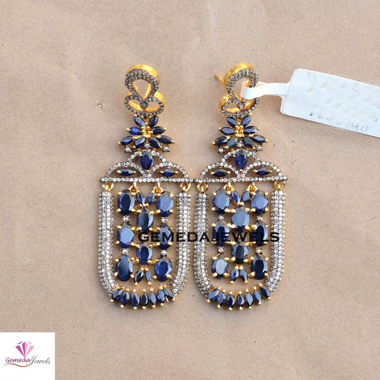 Sale!! Dazzling Blue Sapphire Earrings, Pave Diamond Earrings, 925 Silver Earring, 14k Gold Vermeil Jewelry, Designer Earrings Jewelry, Gift