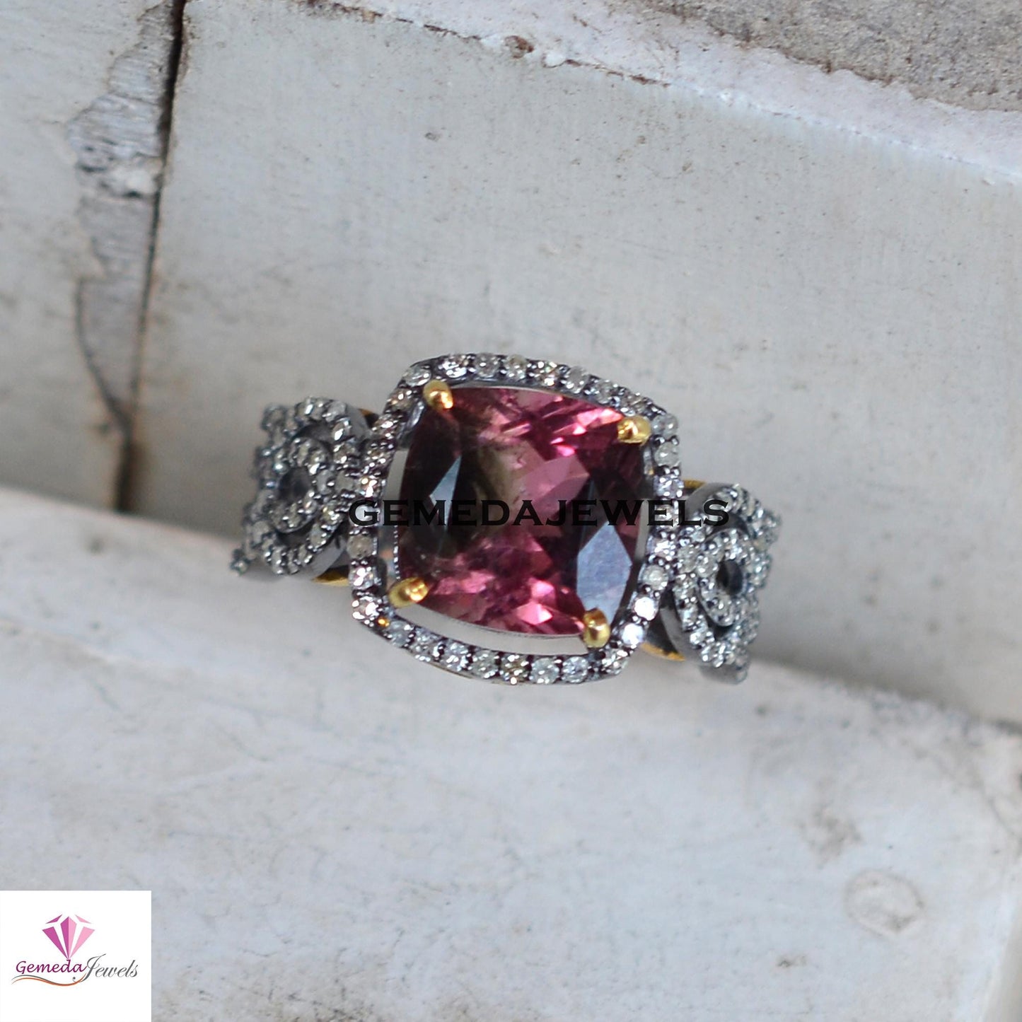 Sale! Pink Tourmaline Gemstone Ring, Pave Diamond 925 Silver Jewelry, Rhodium Plated Ring, Gemstone Diamond Jewelry, Women's Ring Jewelry