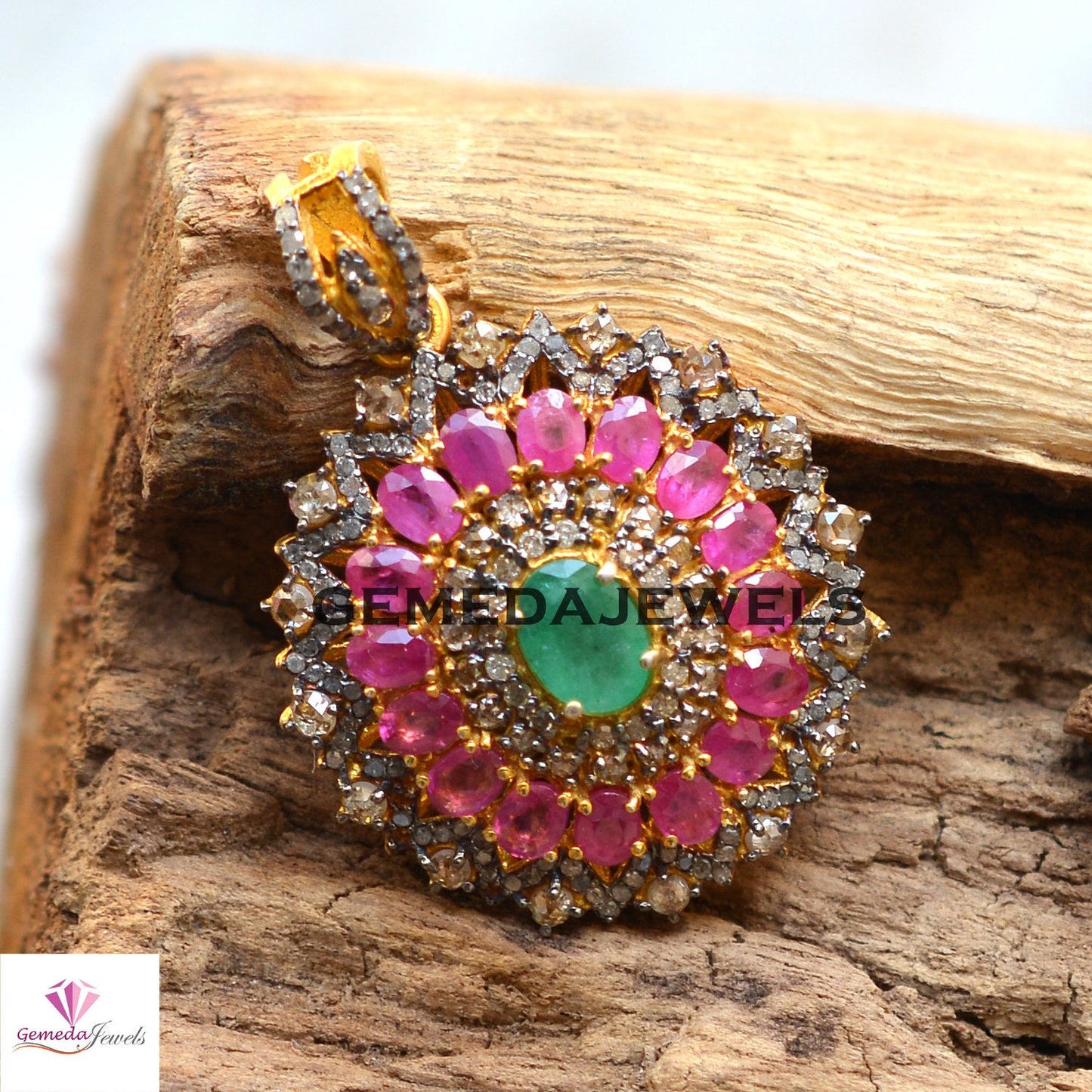 Natural Emerald Gemstone Pendant, Ruby 925 Silver Pendant, Pave Diamond Jewelry, Gemstone Flower Pendant, Gold Vermeil Jewelry, Gift For Her