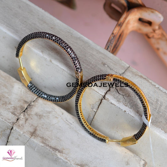 Sale 40MM Black Spinel Gemstone Hoop Earrings, 925 Silver Jewelry, 14k Gold Vermeil Earrings, Gemstone Silver Earrings, Women's Gift Jewelry