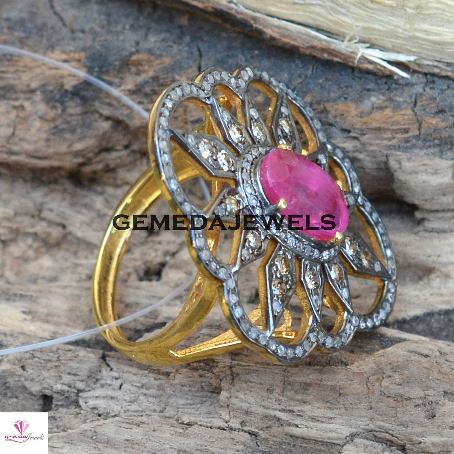 Ruby Gemstone Ring, Diamond Flower Ring, 925 Silver Jewelry, Gemstone Silver Jewelry, Gold Vermeil Ring, Gemstone Floral Ring, Gift For Her