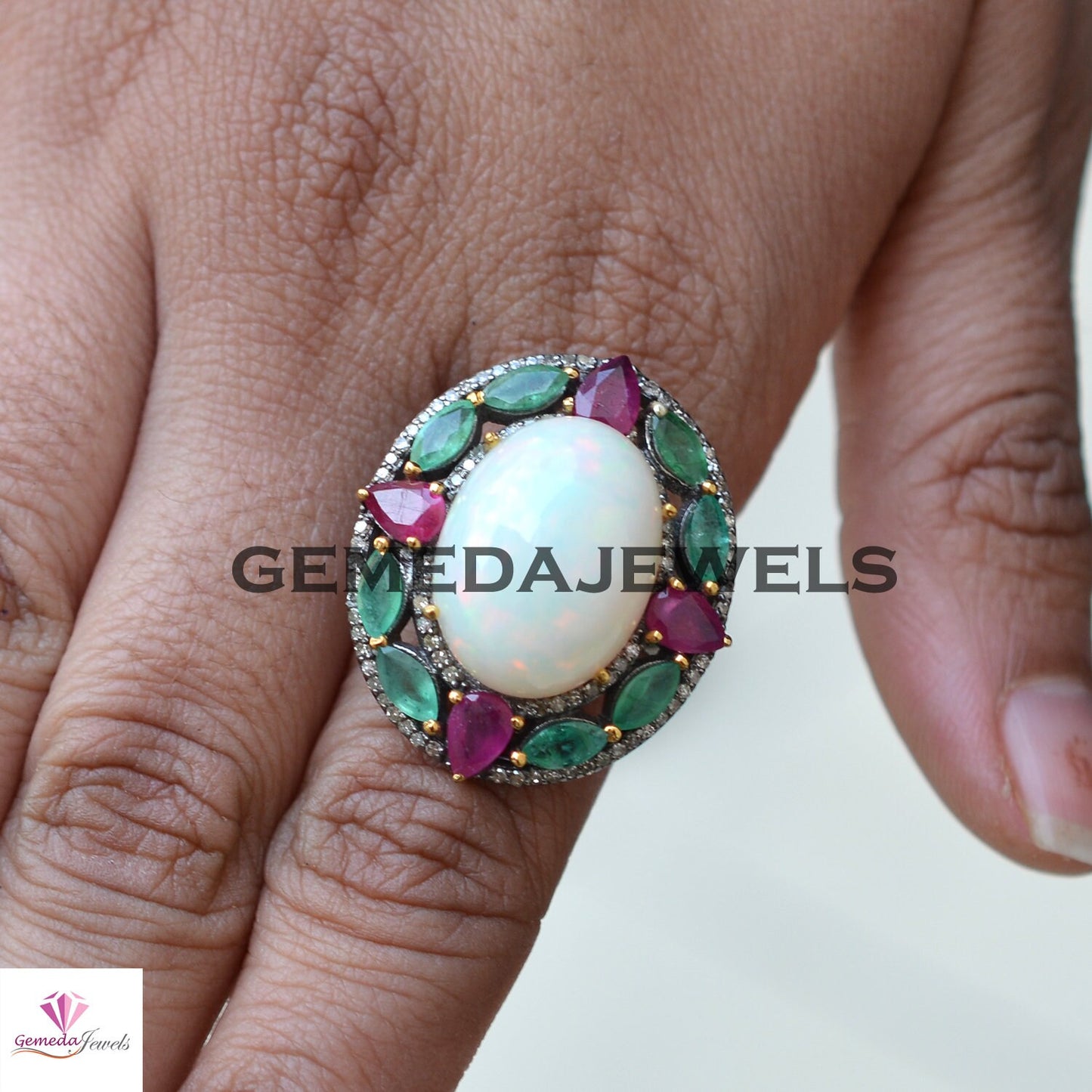 Genuine Opal Floral Ring, Pave Diamond Ring, 925 Sterling Silver Ring, Rhodium Plated Jewelry, Ruby Gemstone Ring, Emerald Silver Ring, Gift