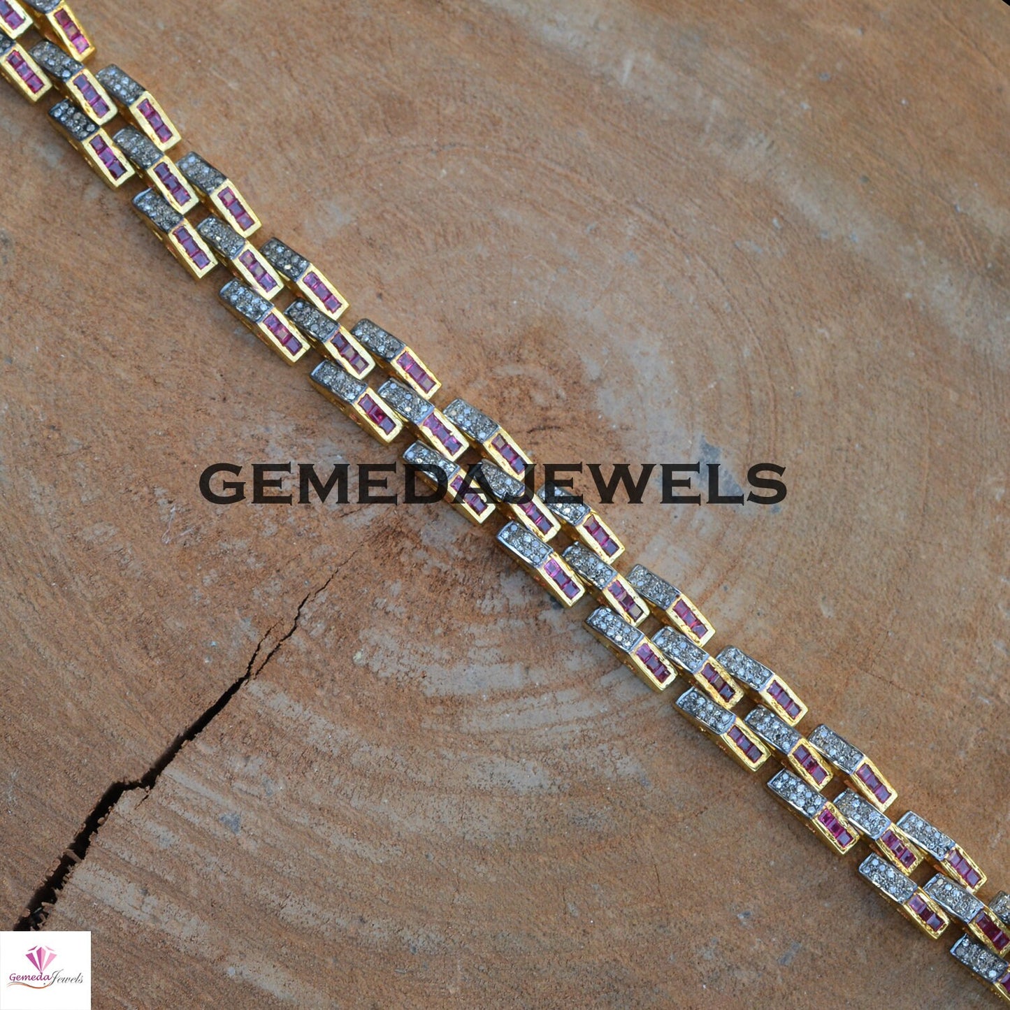Pave Diamond Bracelet, Ruby Gemstone Link Bracelet, 925 Silver Jewelry, Gold Plated Bracelet, Unisex Jewelry, Gemstone Silver Bracelet, Gift