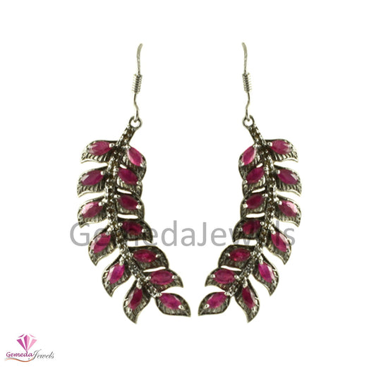 Gorgeous Earring 925 Sterling Silver Jewelry Ruby Gemstone Earring Handmade Jewelry Leaf Shape Beautiful Earring Size 51*13 MM Jewelry Gift