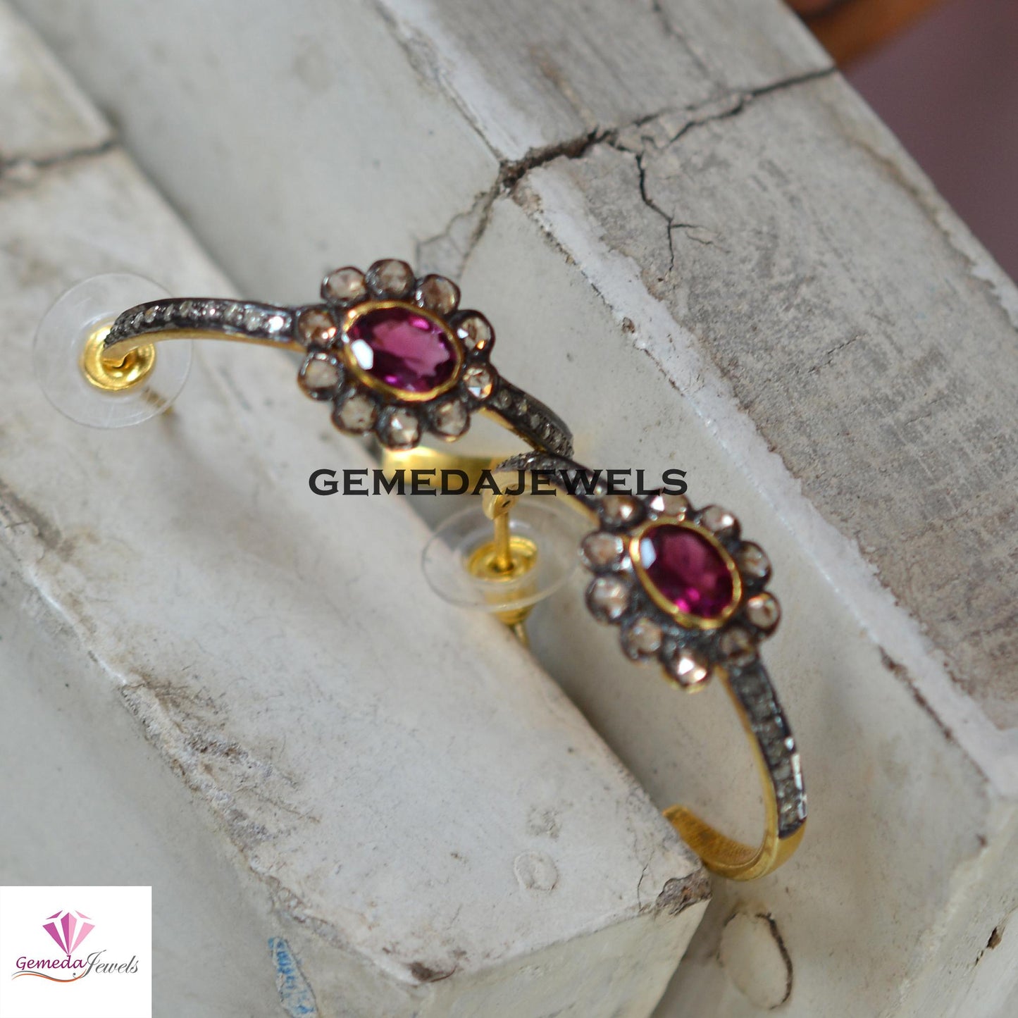 Natural Ruby Gemstone Stud Earrings, Tambuli Diamond Jewelry, Pave Diamond Earrings, Gold Vermeil 925 Silver Stud Jewelry, Valentine's Gift