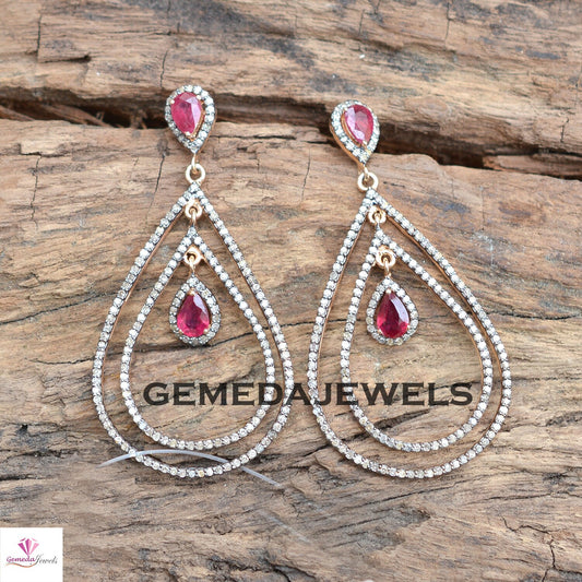 Gorgeous Red Ruby Earrings, Pave Diamond Earring, Diamond 925 Silver Jewelry, Drop Dangle Earrings, Gold Plated Jewelry, Wedding Jewelry