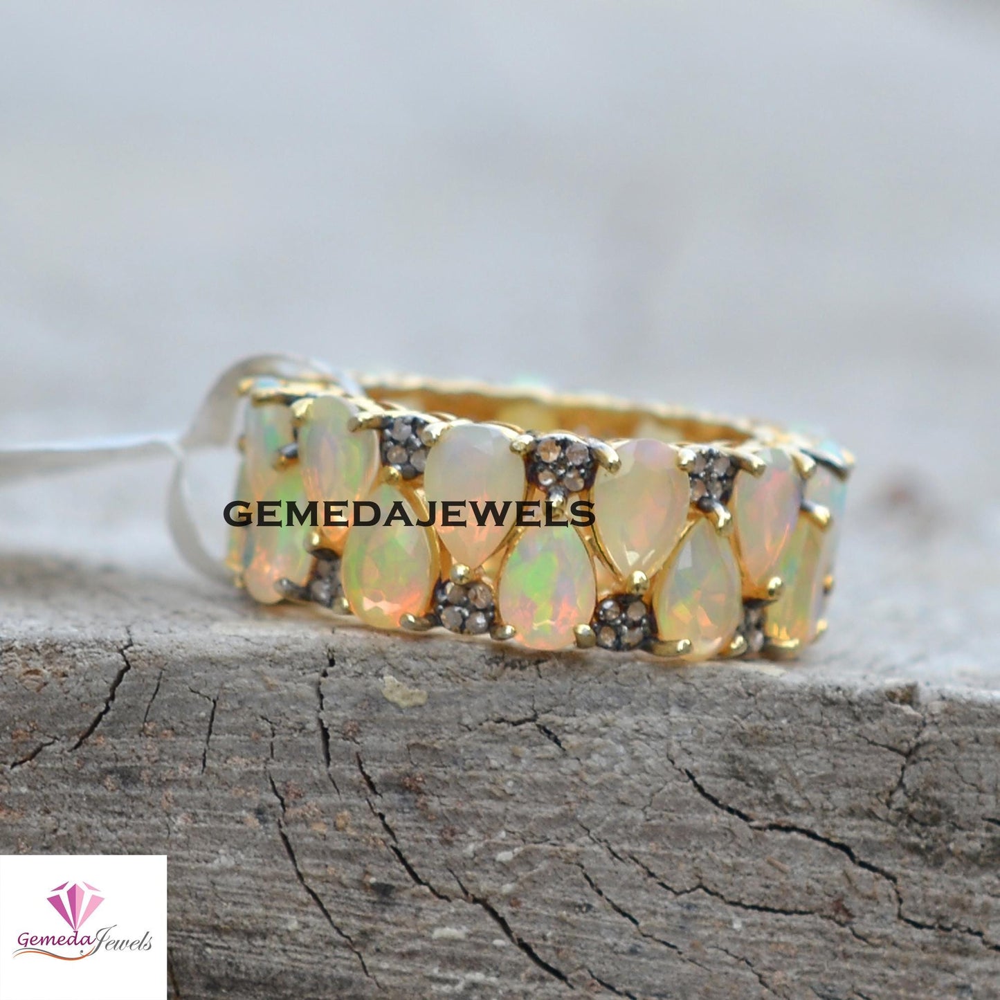 Best Quality Natural Opal Gemstone Ring, 925 Silver Band Ring, Pave Diamond Jewelry, Gold Vermeil Band Ring, Gemstone Silver Jewelry, Gift