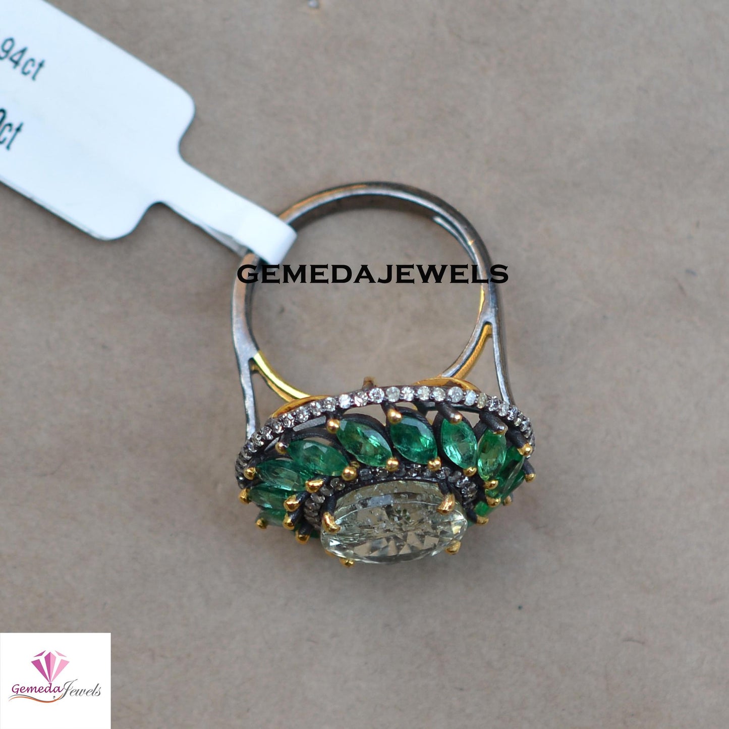 Sale! Classic Green Amethyst 925 Silver Ring, Emerald Gemstone Jewelry, Pave Diamond Ring, Rhodium Plated Ring Jewelry, Wedding Gift Jewelry