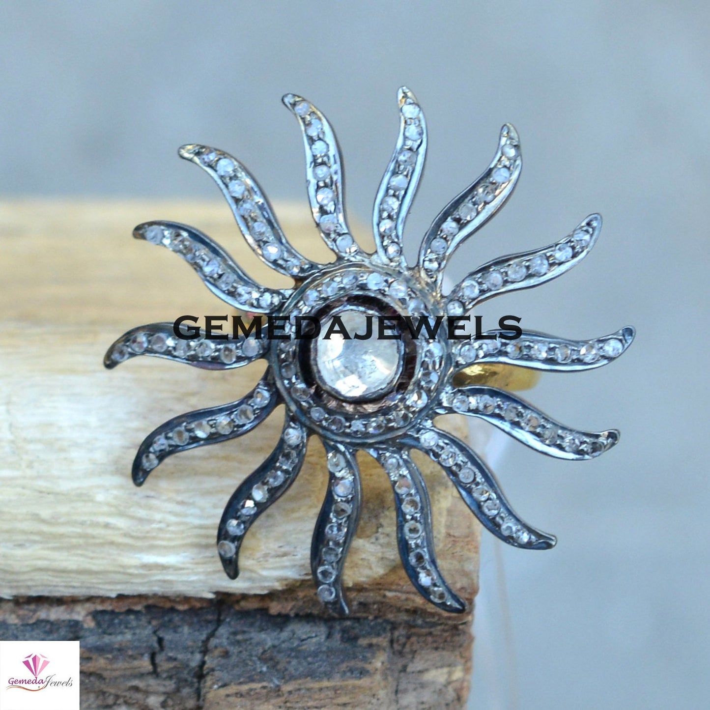 Rose Cut Polki Diamond Sun Ring, 925 Sterling Silver Ring, Diamond Silver Jewelry, 14k Gold Filled Ring, Sun Flower Pave Diamond Ring, Gifts