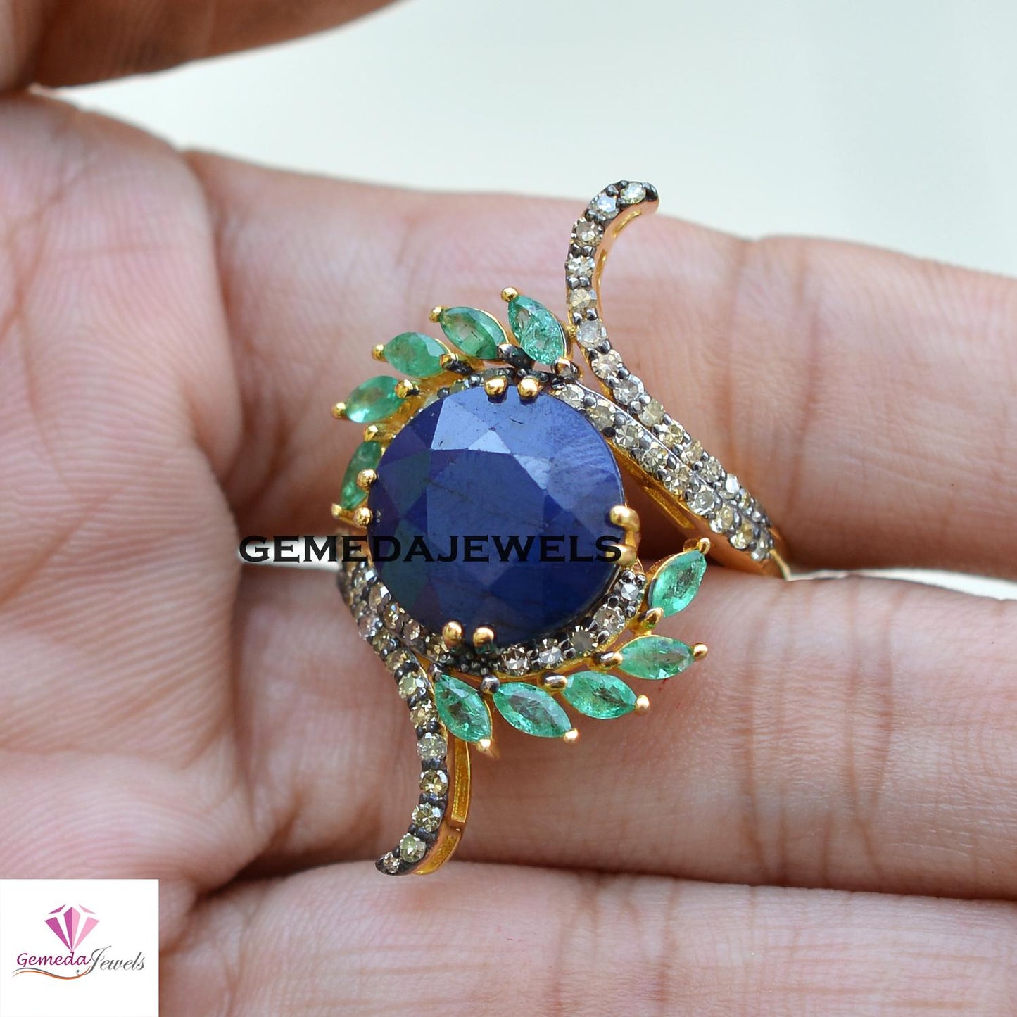 Blue Sapphire Gemstone Ring, Pave Diamond Jewelry, Emerald Silver Ring, 925 Silver Jewelry, Gold Vermeil Ring, Designer Ring, Gift For Her