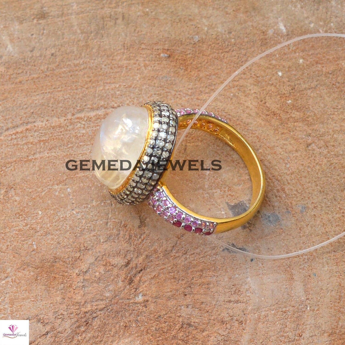 Rainbow Moonstone Ring, Pave Diamond Ring, Ruby Gemstone Ring, 925 Silver Jewelry, Gold Plated Ring, Moonstone Ring Jewelry, Wedding Gifts