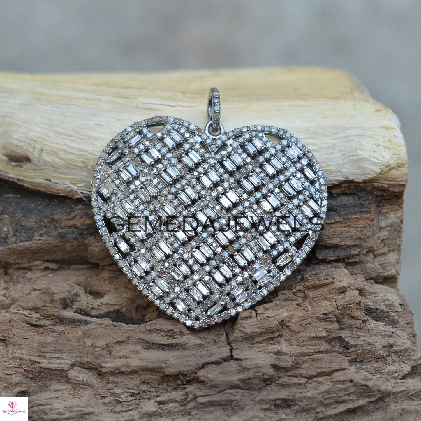 Diamond Heart Pendant, 925 Silver Jewelry, Pave Diamond Pendant, Silver Heart Pendant, Baguette Diamond Pendant, 16" Chain Necklace, Gifts