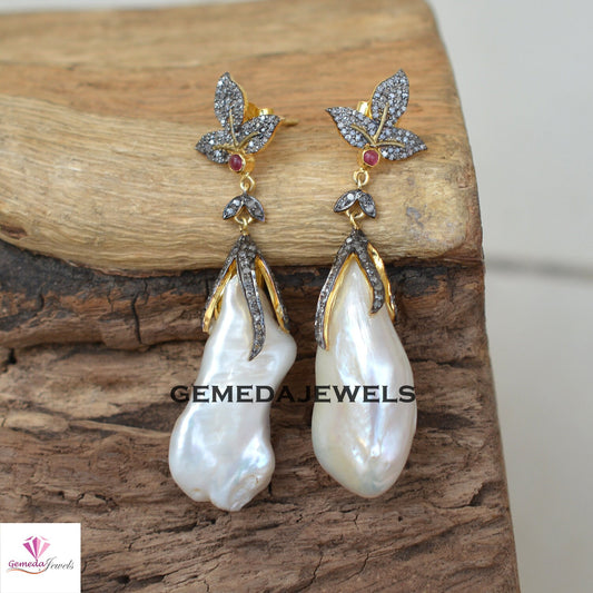 Freshwater Pearl Earrings, 925 Silver 14k Gold Plated Jewelry, Pave Diamond Earring, Ruby Gemstone Earrings Jewellery, Wedding Gift Jewelry