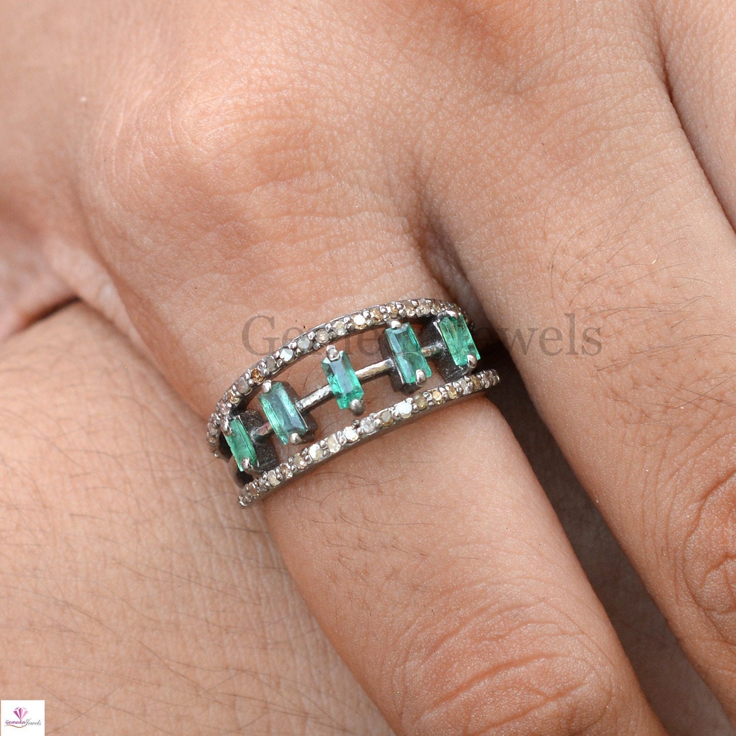 Sale!! Real Pave Diamond Ring, Solid 925 Silver Rhodium Plated  Jewelry, Green Emerald Silver Ring Jewelry, Engagement Ring, Jewelry For Her