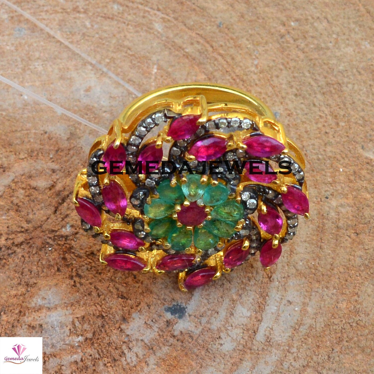 Emerald Gemstone Ring, Ruby Silver Ring, Gemstone Flower Ring, Pave Diamond Jewelry, 925 Silver Ring, Gold Vermeil Jewelry, Wedding Jewelry