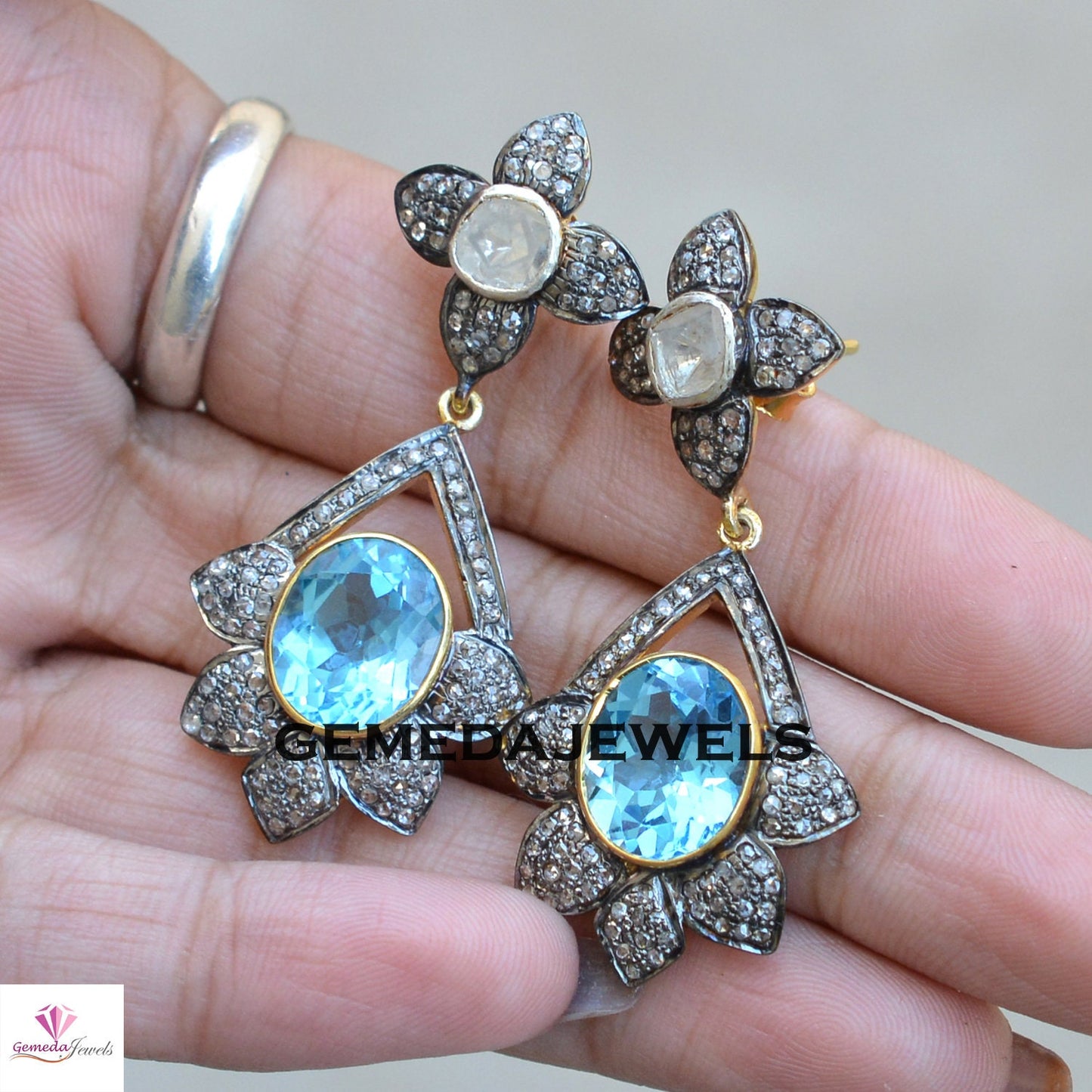 Blue Topaz Earrings, Polki Diamond Earrings, Pave Diamond Earring Jewelry, Flower Gemstone Jewelry, 925 Silver Earrings, Wedding Jewelry