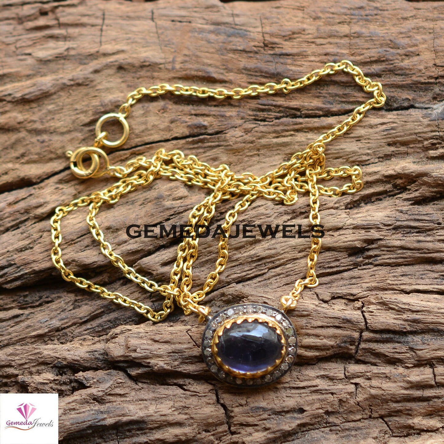 Sapphire Pendant, 925 Silver Jewelry, Pave Diamond Pendant, 14k Gold Plated 18" Link Chain, Gemstone Pendant Necklace, Minimalist Jewelry