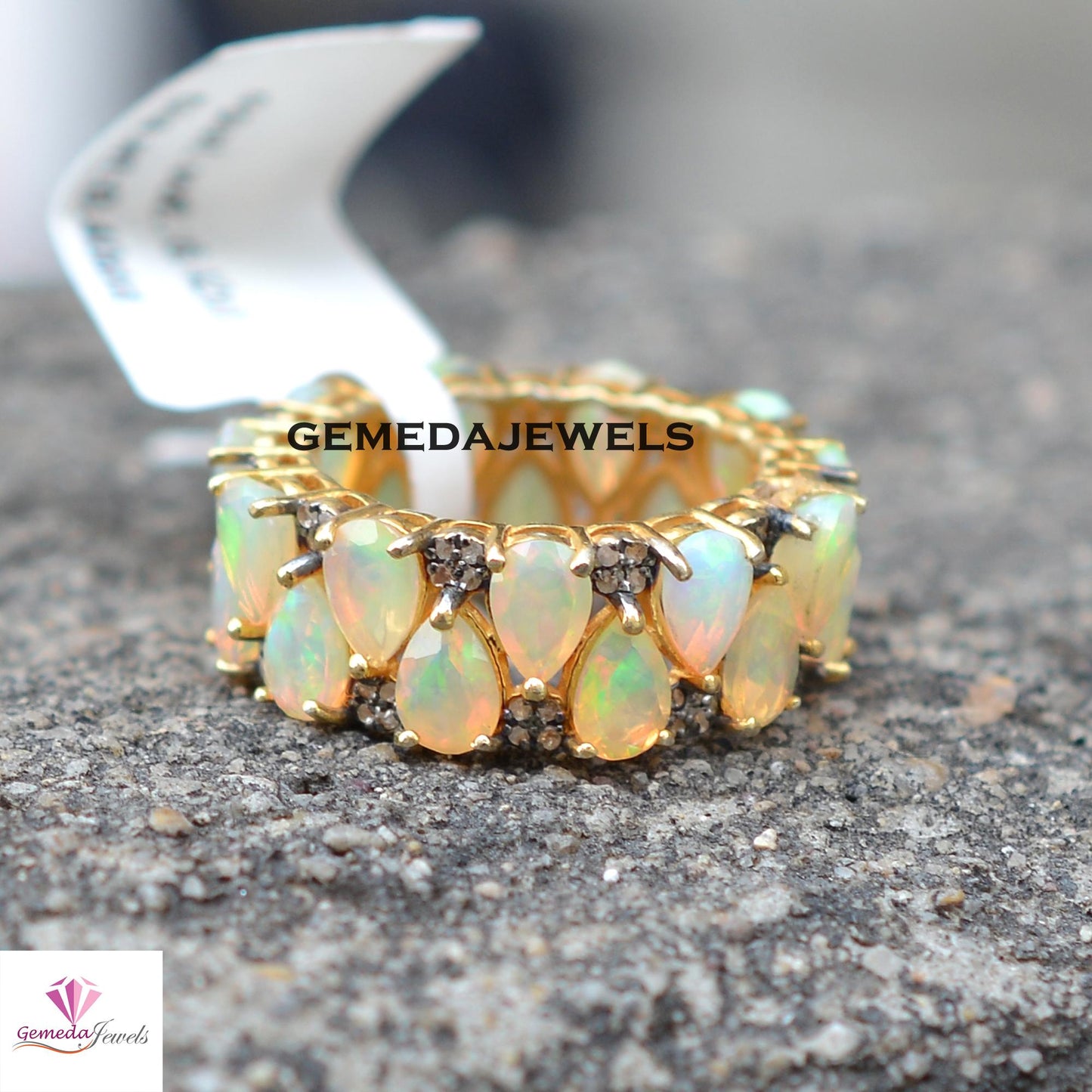 Best Quality Natural Opal Gemstone Ring, 925 Silver Band Ring, Pave Diamond Jewelry, Gold Vermeil Band Ring, Gemstone Silver Jewelry, Gift