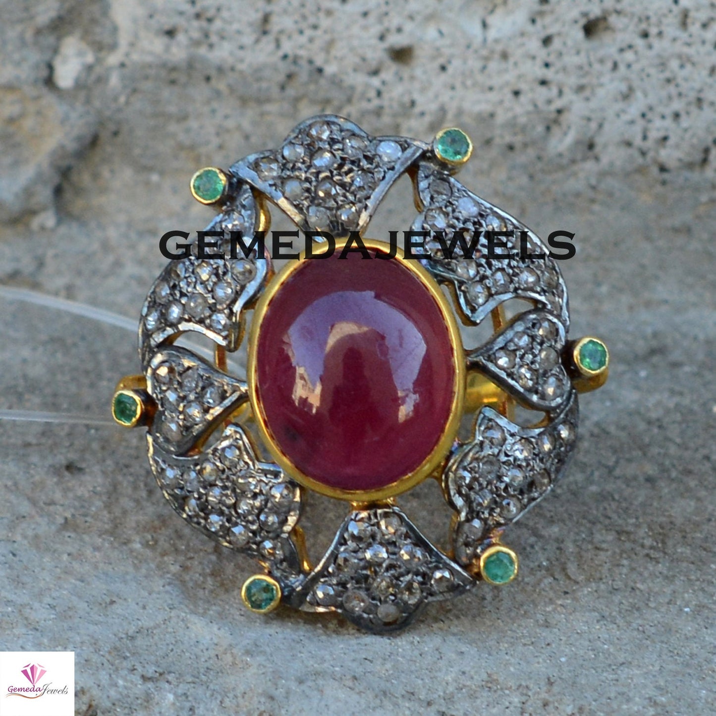 Genuine Ruby Ring, Sterling Silver Ring, 14k Gold Plated Jewelry, Emerald Gemstone Ring, Pave Diamond Jewelry, Designer Diamond Gift Jewelry