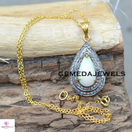 Natural Opal Pendant, Pave Diamond Jewelry, Gemstone Silver Pendant, 925 Silver Jewelry, Gold Plated Pendant, 16" Chain Necklace Jewellery