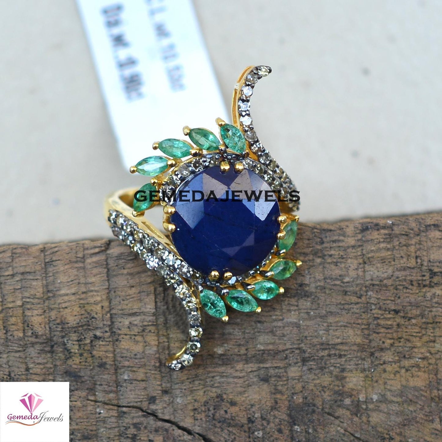 Blue Sapphire Gemstone Ring, Pave Diamond Jewelry, Emerald Silver Ring, 925 Silver Jewelry, Gold Vermeil Ring, Designer Ring, Gift For Her