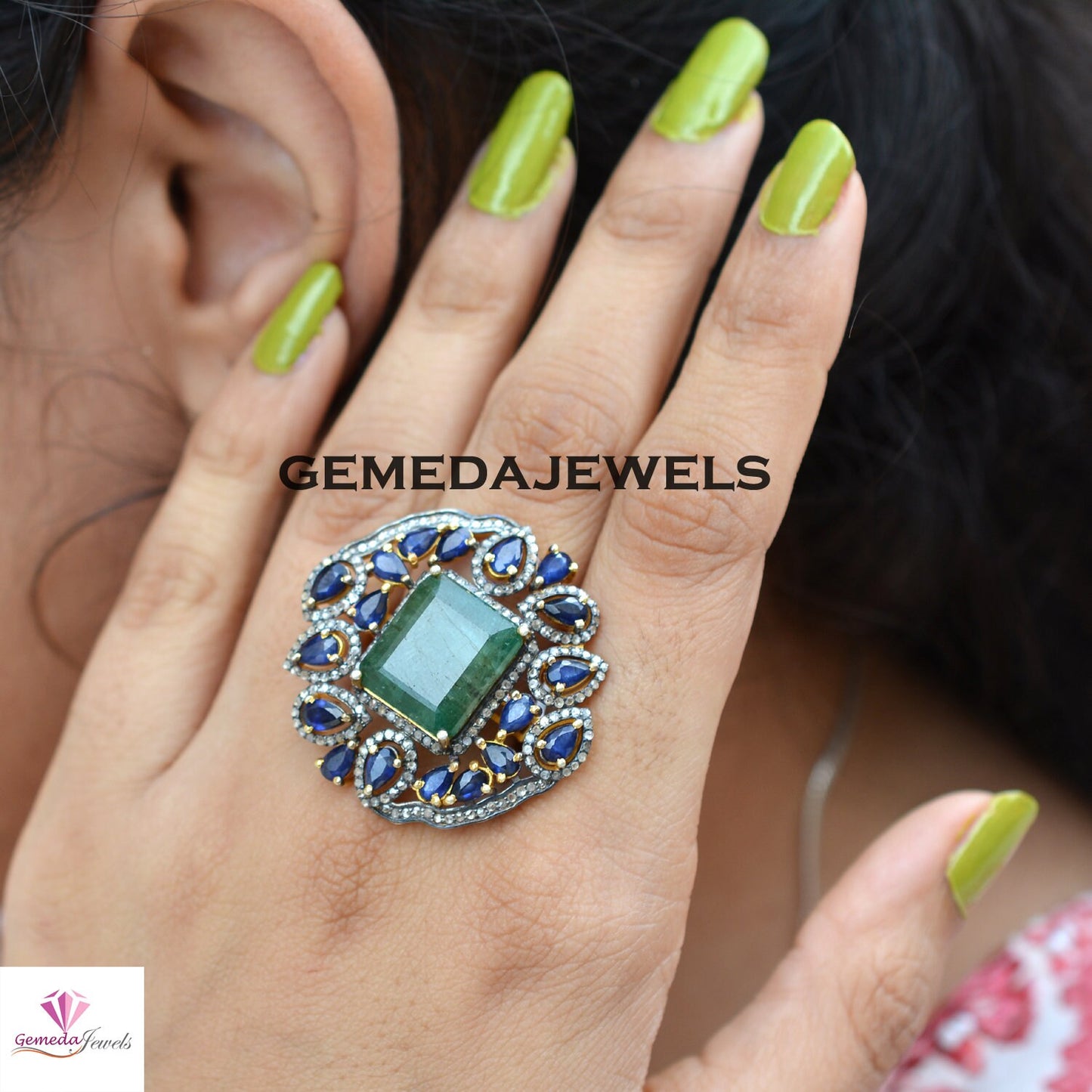 Sale!! Real Emerald Gemstone Ring, Sapphire Gemstone Jewellery, Pave Diamond Ring, Solid 925 Silver 14k Gold Plated Ring, Mothers Day Gift