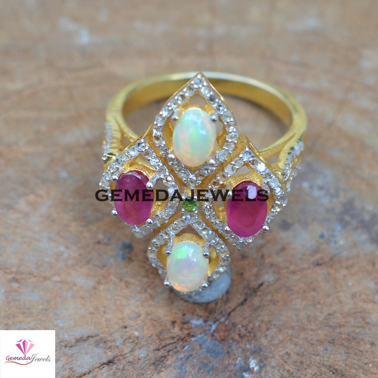 Opal Gemstone Ring, Ruby Silver Ring, Pave Diamond Jewelry, Sterling Silver Jewelry, Gemstone Diamond Ring, 14k Vermeil Plated Jewelry, Gift