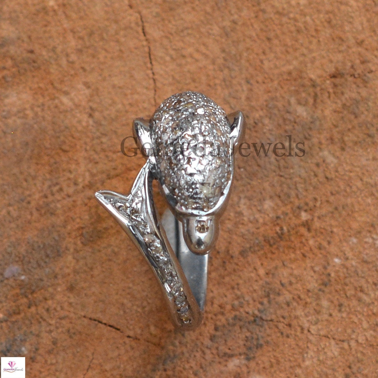Natural Pave Diamond Dolphin Ring, Handmade Ring Jewelry, Pave Diamond Ring Jewelry, 925 Sterling Silver Ring, Animal Jewelry, Gift For her