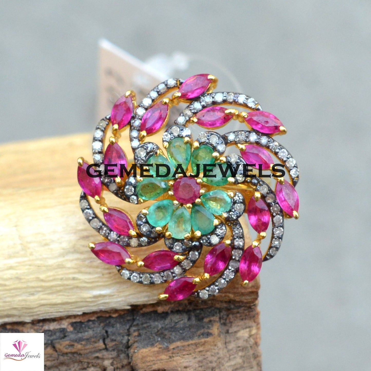 Emerald Gemstone Ring, Ruby Silver Ring, Gemstone Flower Ring, Pave Diamond Jewelry, 925 Silver Ring, Gold Vermeil Jewelry, Wedding Jewelry