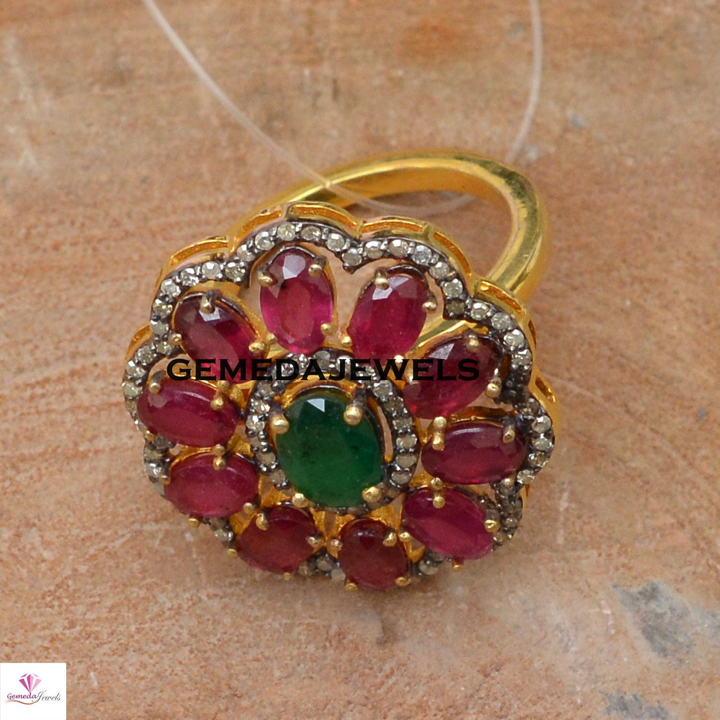Emerald Gemstone Ring, Ruby Gemstone Ring, Pave Diamond Ring, Diamond Silver Jewelry, 925 Silver Gold Vermeil Jewelry, Flower Ring, Gifts