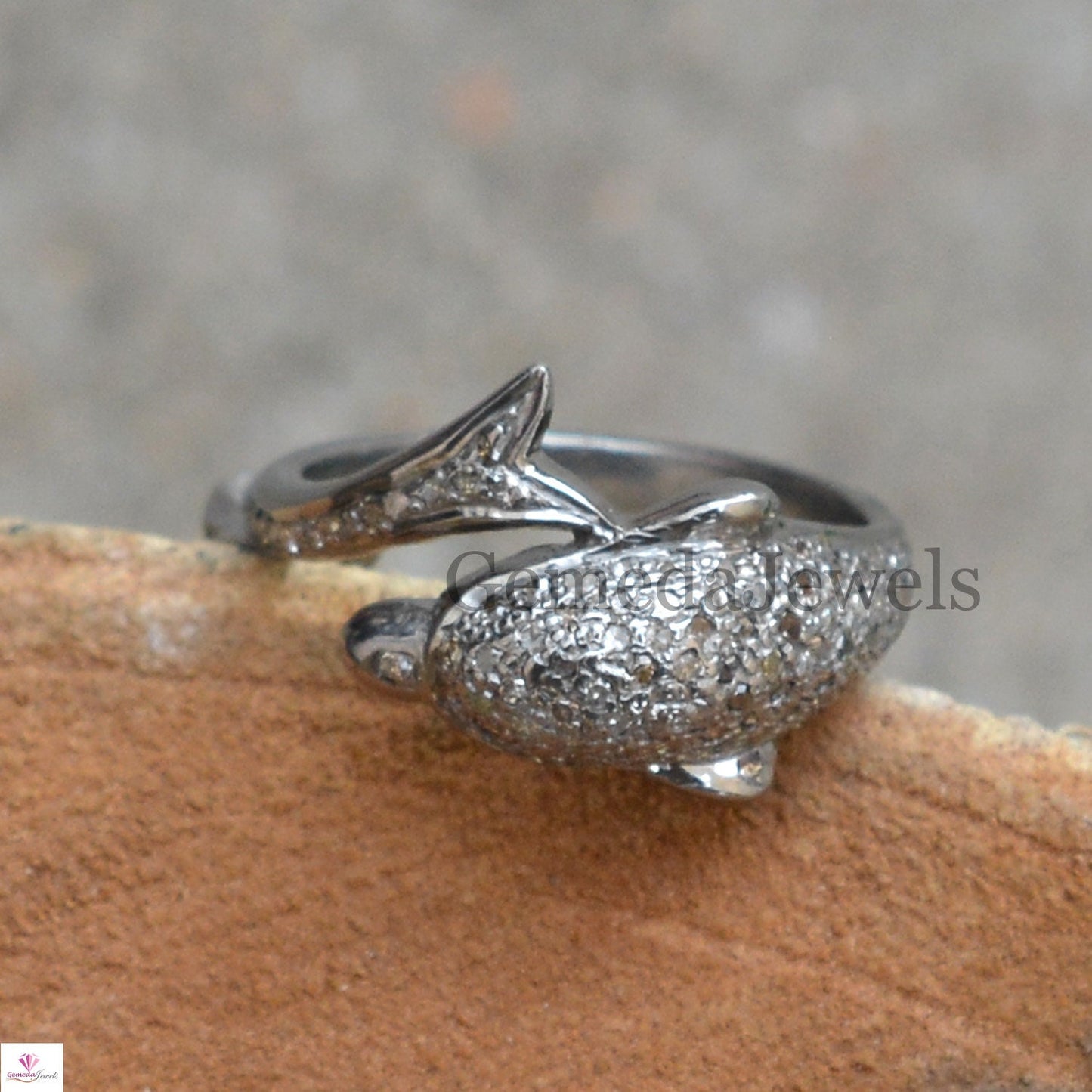 Natural Pave Diamond Dolphin Ring, Handmade Ring Jewelry, Pave Diamond Ring Jewelry, 925 Sterling Silver Ring, Animal Jewelry, Gift For her