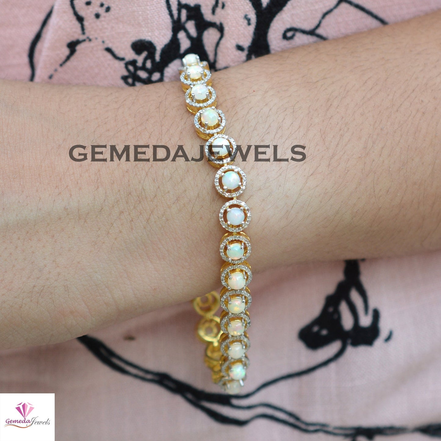 Classic Opal Gemstone Bracelet, 925 Silver Jewelry, 14k Gold Vermeil Bracelet, Pave Diamond Bracelet, Gemstone Silver Jewelry, 8" Bracelet