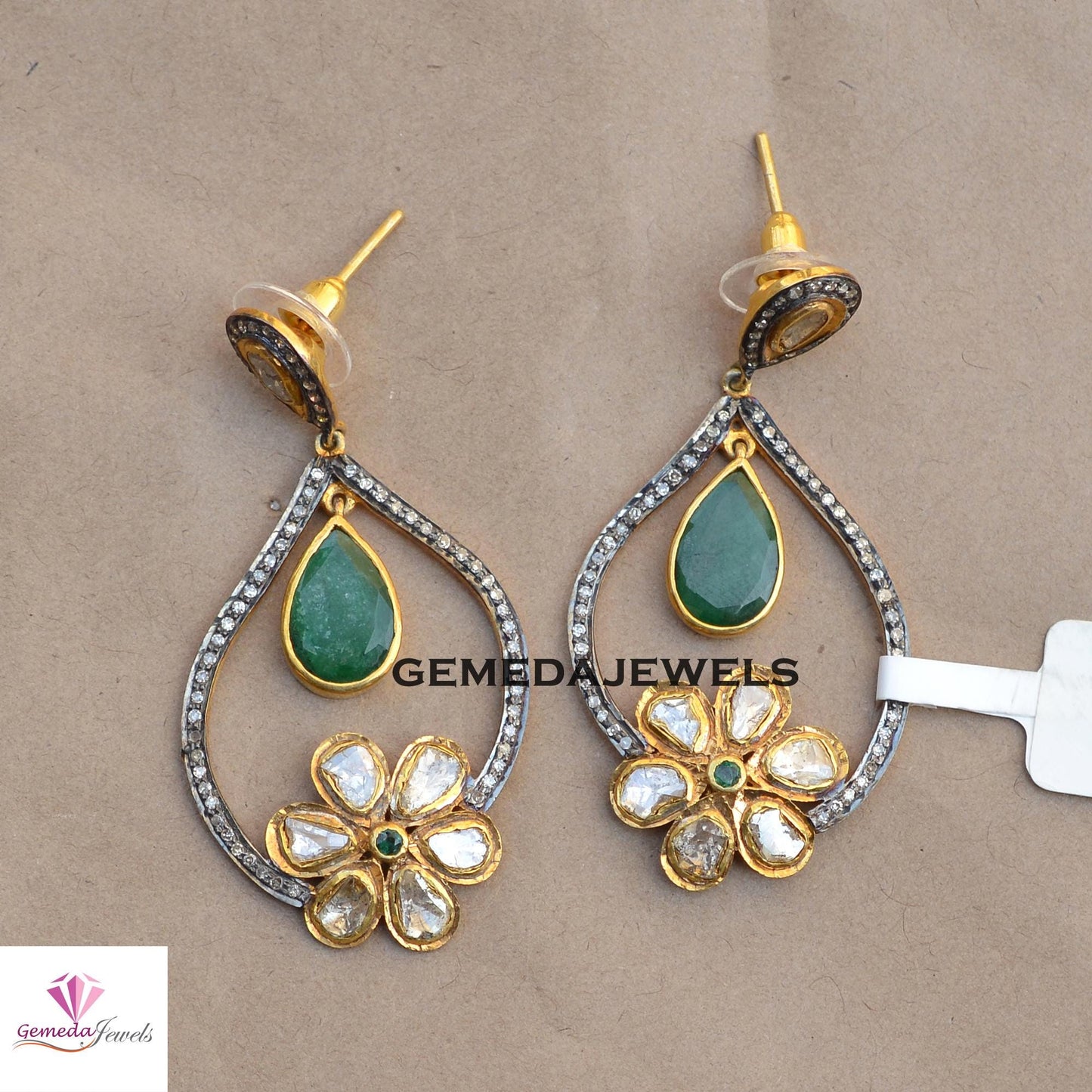 Gorgeous Emerald Earrings, Polki Diamond Flower Earring, Pave Diamond Jewelry, 925 Silver Earrings, Gold Vermeil Jewelry, Women's Jewelry