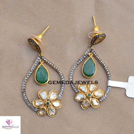 Gorgeous Emerald Earrings, Polki Diamond Flower Earring, Pave Diamond Jewelry, 925 Silver Earrings, Gold Vermeil Jewelry, Women's Jewelry