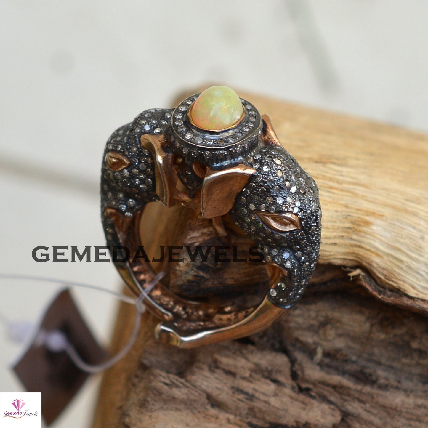 Opal Elephant Ring, Pave Diamond Jewelry, 925 Silver Rose Gold Plated Ring, Genuine Gemstone Jewelry, Animal Diamond Ring, Unisex Jewelry
