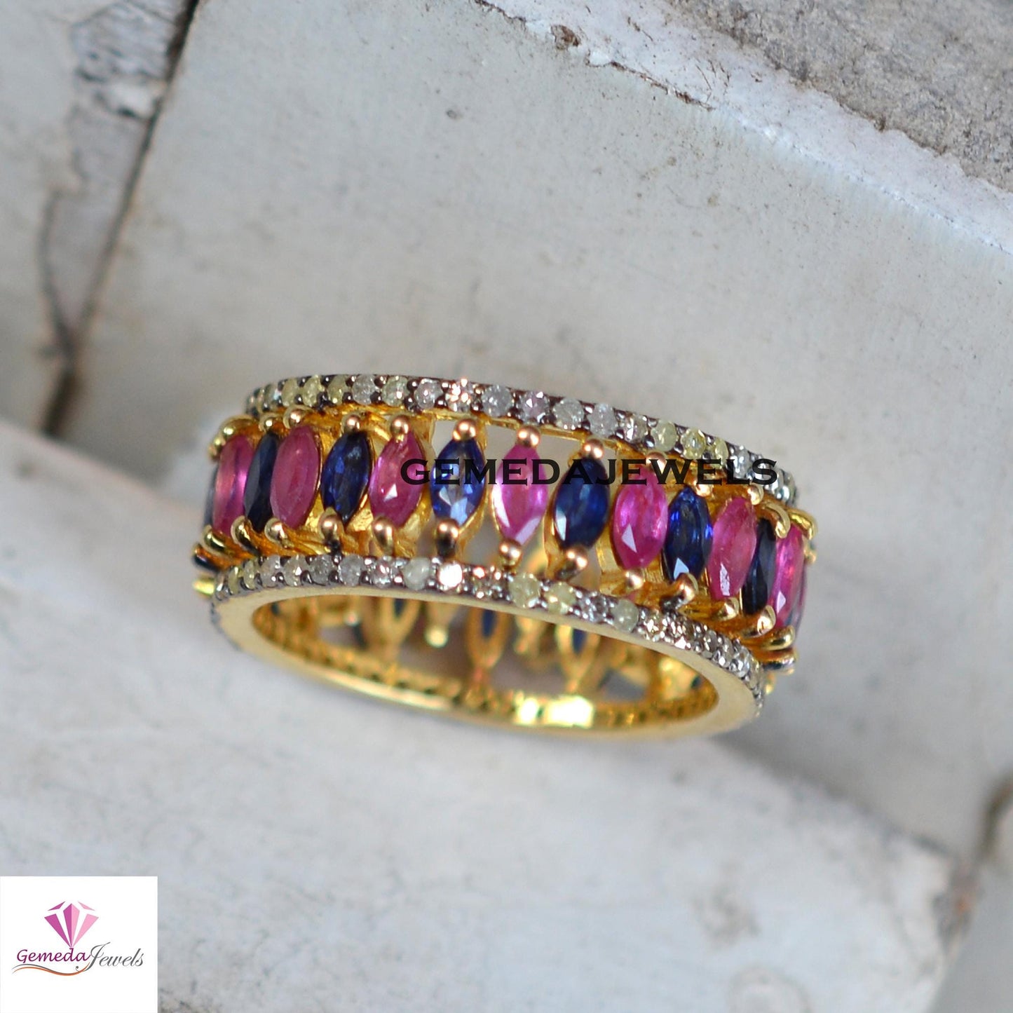 Sale! Natural Ruby Gemstone Ring, Sapphire Gemstone Jewelry, 14k Gold Plated Jewelry, 925 Silver Ring, TWO IN ONE Band Ring, Gift For Her