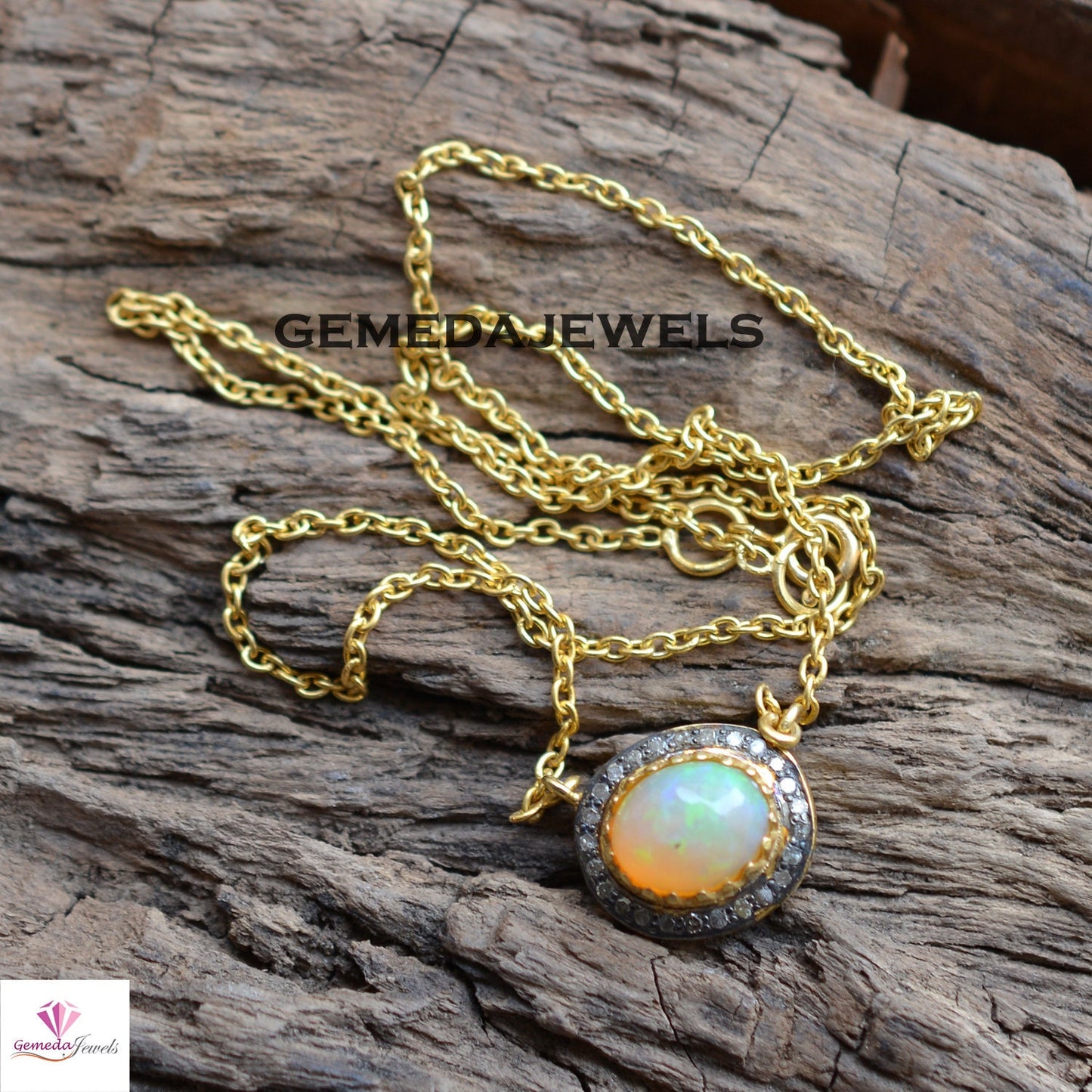 Genuine Opal Gemstone Charm Pendant, 925 Silver Pendant, Pave Diamond Jewelry, 14k Gold Plated 18" Link Chain Necklace, Gemstone Jewelry