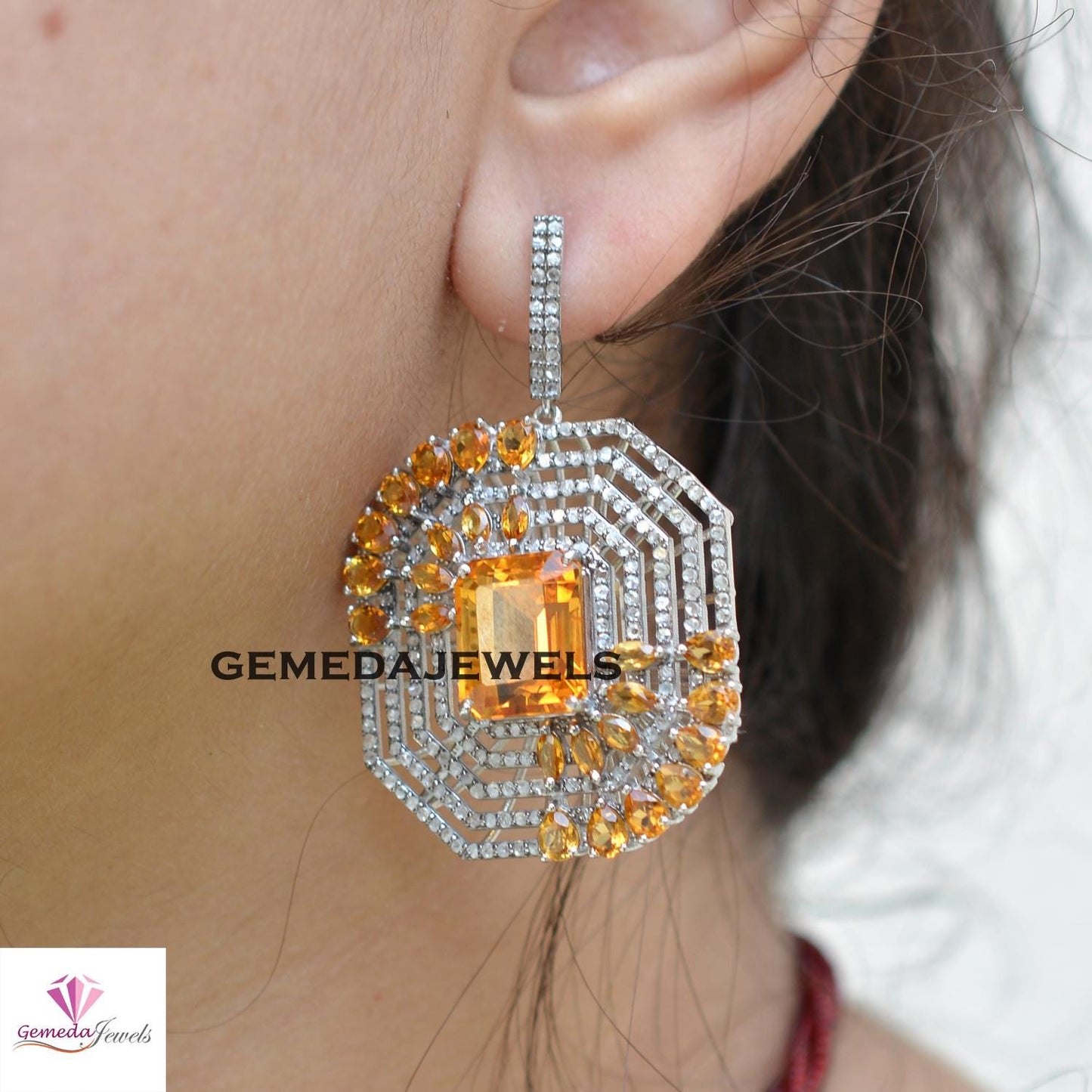 Charming Citrine Gemstone Earrings, Solid 925 Silver Jewelry, Pave Diamond Jewelry, Gemstone Silver Earring, Christmas Gift, Gift For Her