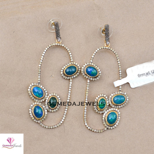 Natural Opal Gemstone Earrings, Solid 925 Silver Jewelry, 14k Gold Vermeil Earring, Sparkling Pave Diamond Earrings, Wedding Gift Jewelry