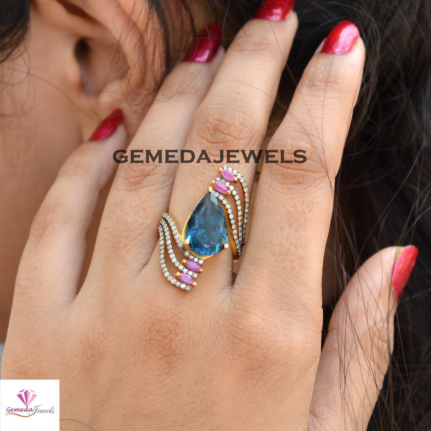 Sparkling Blue Topaz Ring, Pave Diamond Jewelry, Ruby Gemstone Ring, 925 Silver 14k Gold Plated Jewelry, Wedding Gift Jewelry, Gift For Her
